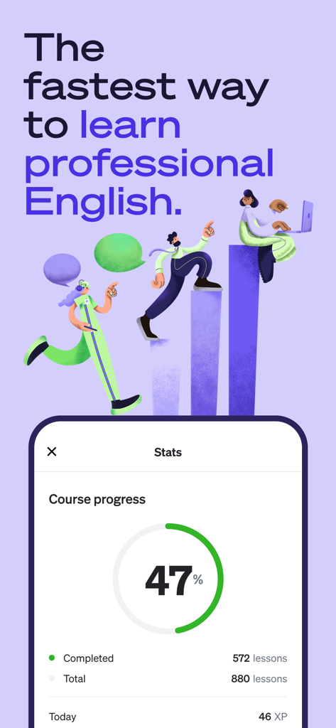 Slang: Professional English - Slang app screen showing course progress statistics for professional English learning