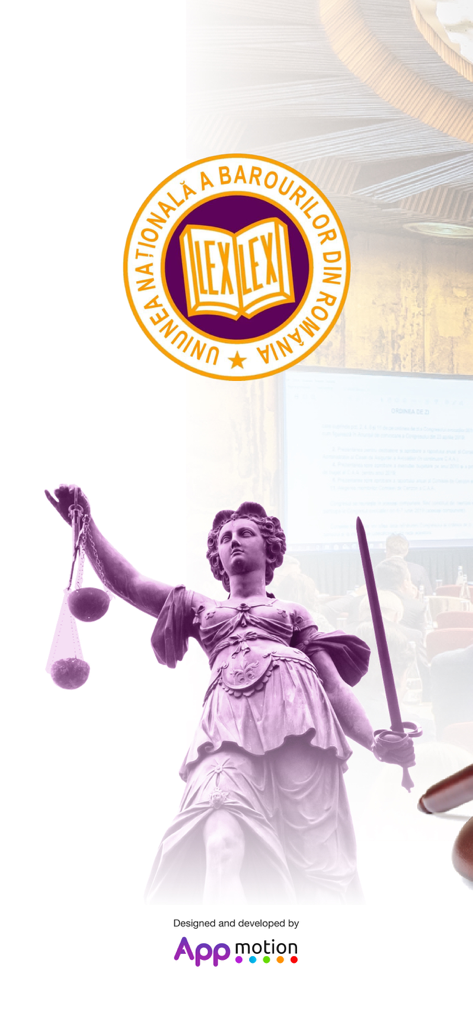UNBR Info - Official splash screen of the UNBR Info app featuring the Romanian National Union of Bar Associations logo and a statue of Lady Justice