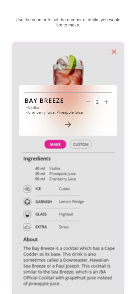 Barsys - Barsys app screen displaying a Bay Breeze cocktail recipe with ingredient measurements and a drink counter.