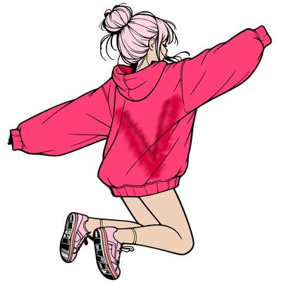 realistic girl jumping with a bun and oversized sweatshirt