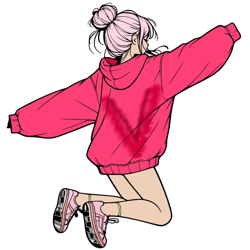 realistic girl jumping with a bun and oversized sweatshirt
