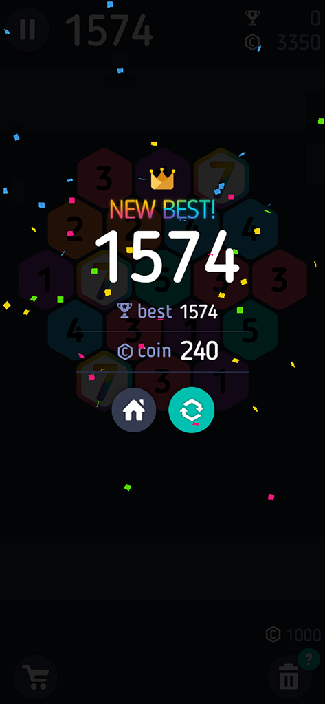 Make7! Hexa Puzzle - Make7 Hexa Puzzle game screen showing a new best score of 1574 with celebratory confetti