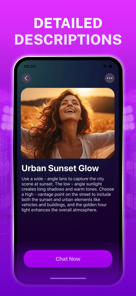 Swello - Swello app screen providing technical photography advice for a sunset portrait