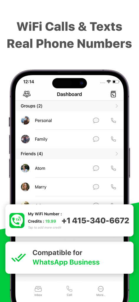 TXT App Phone Now - TXT App Phone Now Dashboard mit WLAN-Anrufen und Funktionen für echte US-Telefonnummern, kompatibel mit WhatsApp Business