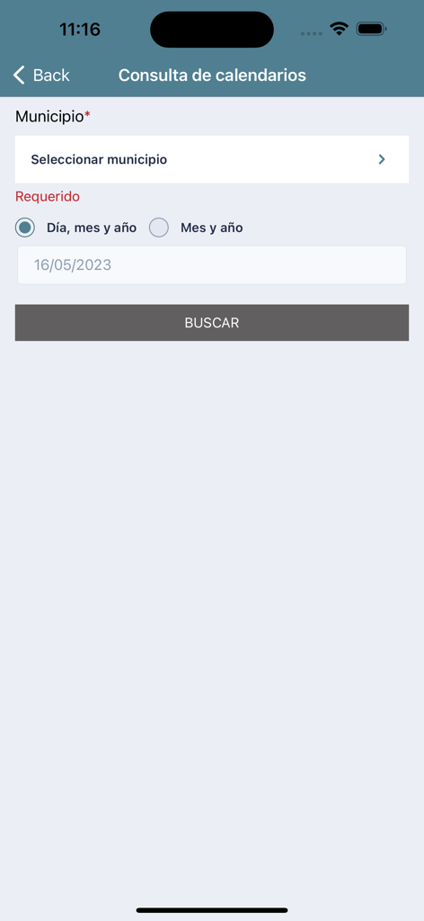 Poder Judicial de Puerto Rico - Court calendar search screen in the Poder Judicial de Puerto Rico app allowing users to select a municipality and date
