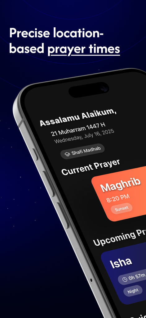 Huda: The App For Muslims - Huda app interface showing precise location-based prayer times for Muslims