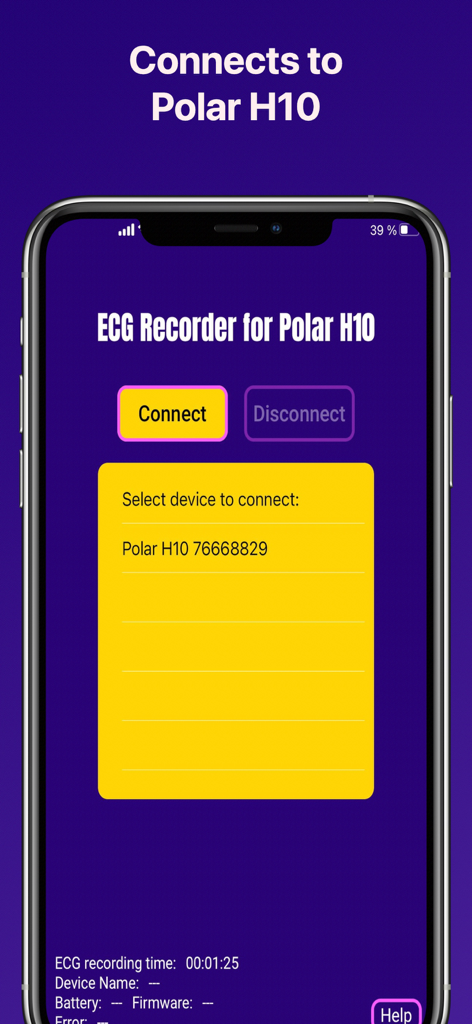 ECG Recorder for Polar H10 - ECG Recorder app connection interface showing a Polar H10 sensor ready to connect.
