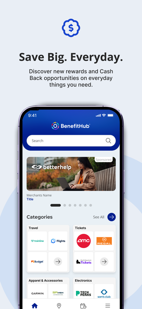 BenefitHub mobile app interface showing various employee discount categories and cash back rewards