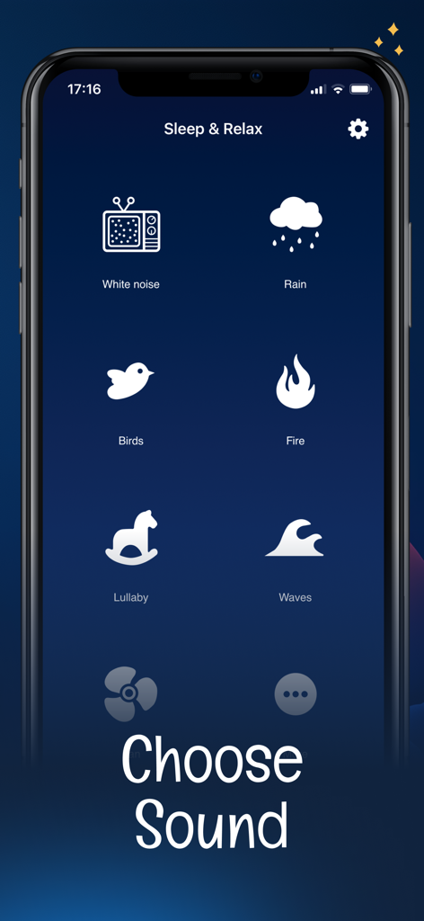 Interfaccia dell'app Sleep Sounds che mostra una griglia di icone di suoni rilassanti come pioggia, uccelli e fuoco