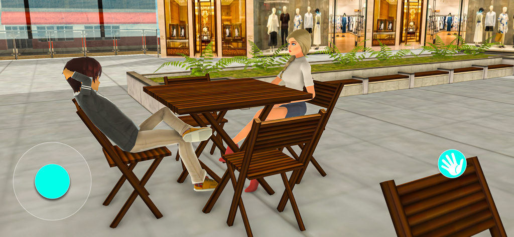 Anime High School Dating Game - Zwei Anime-Charaktere sitzen an einem Holztisch in einem Außenbereich zum Einkaufen in einem Highschool-Simulator-Spiel