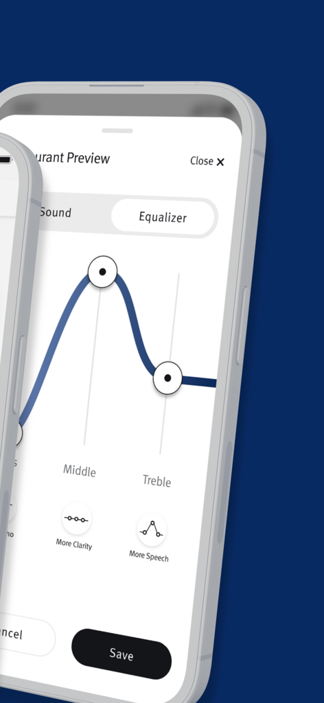 Equalizer screen in the Hearing Remote app to customize hearing aid sound