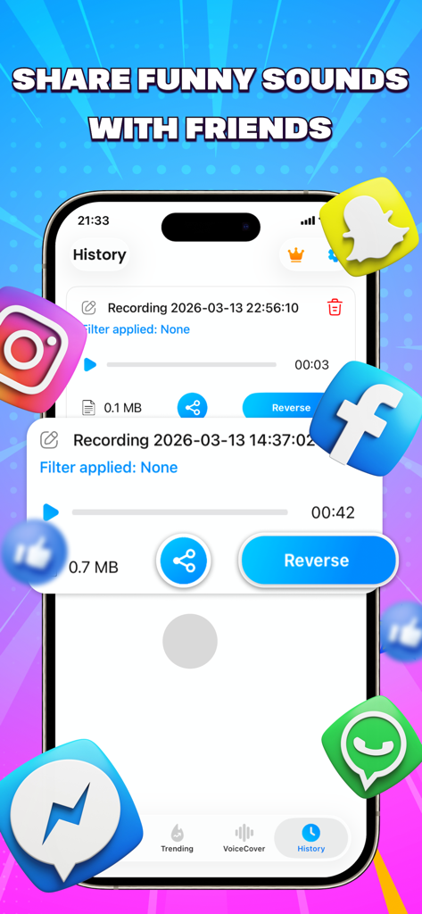 Reverse Audio: Singing Trend - A smartphone display showing a history of reversed audio recordings with social media icons like Instagram and Snapchat for sharing.