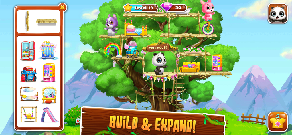 Panda Lu Treehouse - Panda Lu standing in a custom treehouse with a menu of furniture and decorations to build and expand