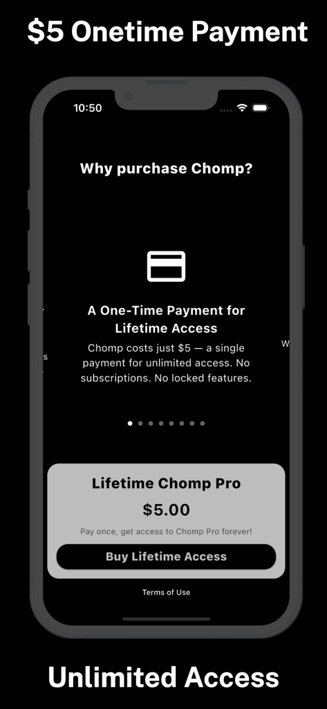 Chomp: Simple Macro Tracker - Pantalla de la app Chomp que muestra un pago único de cinco dólares para acceso profesional de por vida