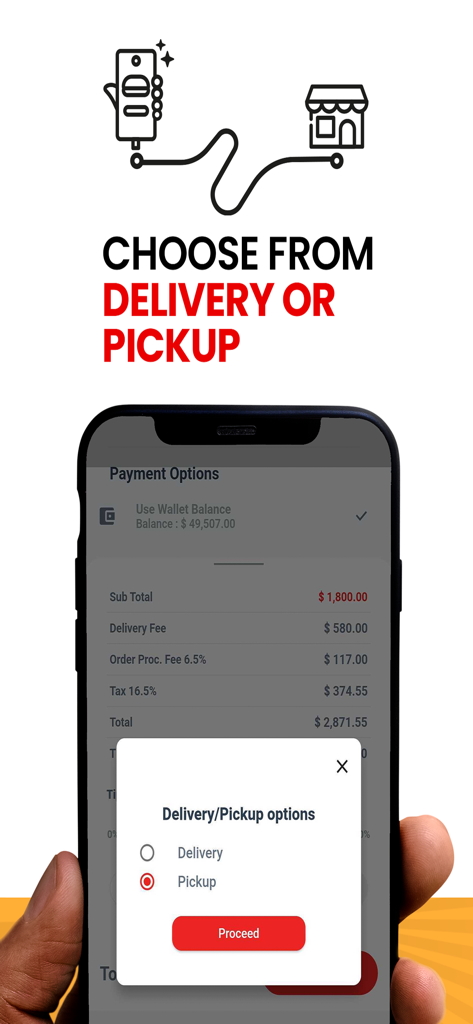QuickCart: Food & Grocery - Mobile app interface for choosing delivery or pickup options in QuickCart