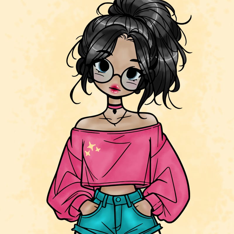 girl with a messy ponytail glasses a baggy crop top and jean shorts