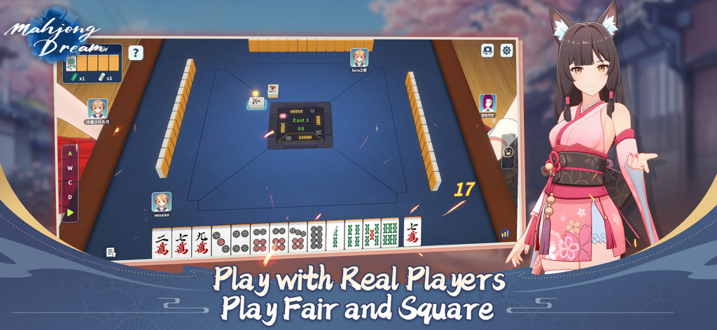 Un tablero de juego de Riichi Mahjong 3D de Mahjong Dream con una chica anime al lado.