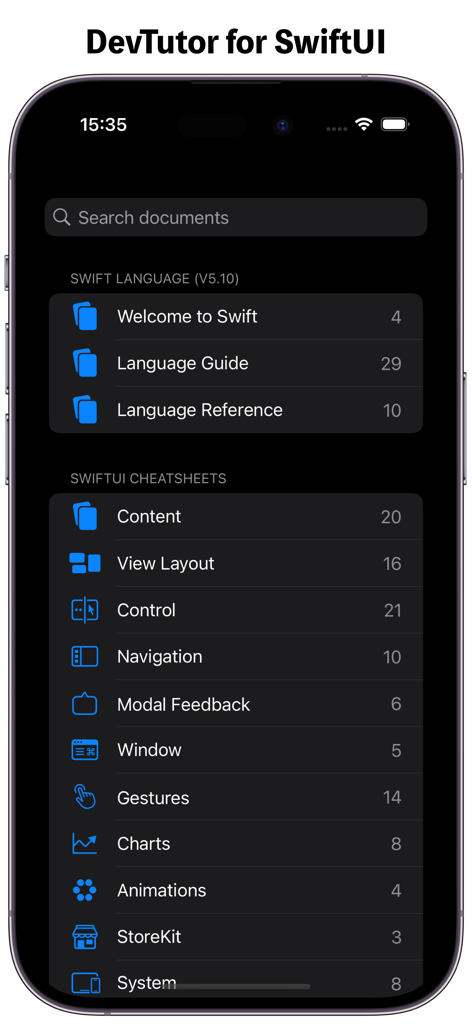DevTutor: Learn Swift, SwiftUl - A mobile interface of DevTutor app showing categories for Swift Language guides and SwiftUI cheatsheets like View Layout and Navigation