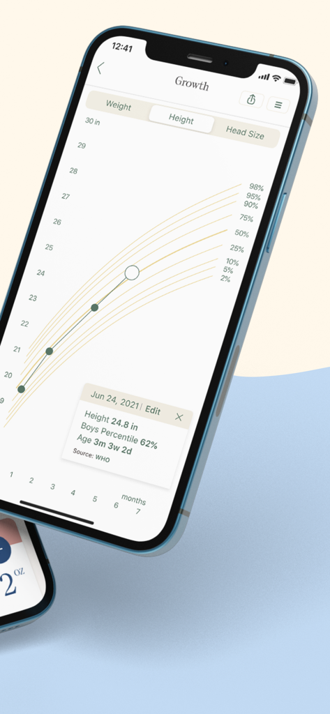 Nara Baby & Pregnancy Tracker - Nara Babyアプリの画面。赤ちゃんの身長成長曲線とパーセンタイルが表示されています。