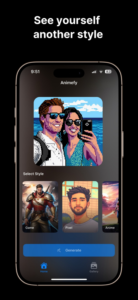 Animefy・AI Anime Art Maker - Mobile app interface of Animefy showing different AI art styles like pixel and game character options for photo transformation