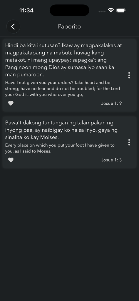 Tagalog Bible – Audio Offline - Pantalla de favoritos de la aplicación de la Biblia Tagala mostrando versículos en tagalo e inglés.