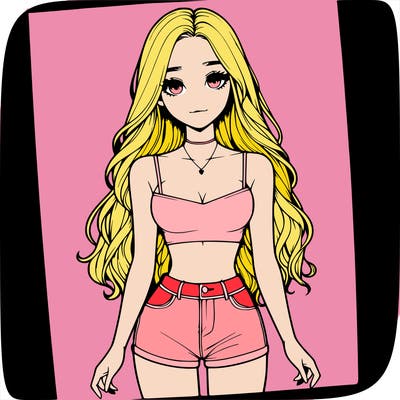 a realistic girl with long hair and in a crop top and shprts
