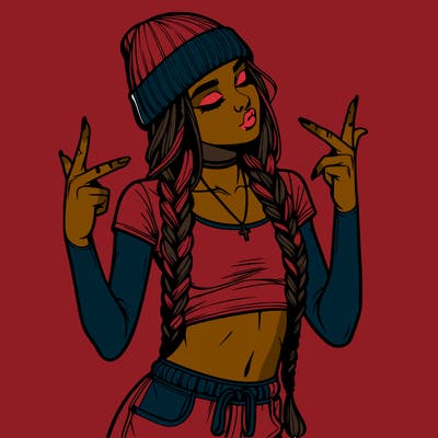 realistic teenage girl with braids and a beanie and crop top doing 🫶🏼