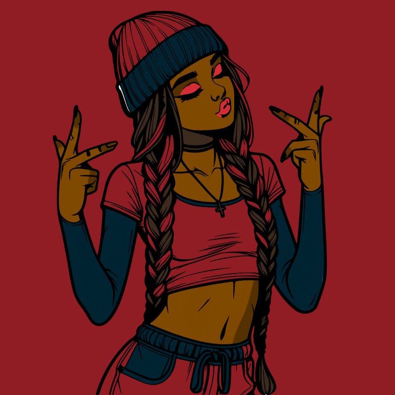 realistic teenage girl with braids and a beanie and crop top doing 🫶🏼