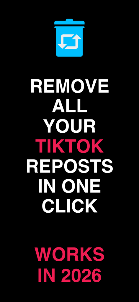 UnRepostAll - Grafica promozionale per l'app UnRepostAll che mostra il testo per rimuovere tutti i repost di TikTok in un click con un'icona a forma di cestino