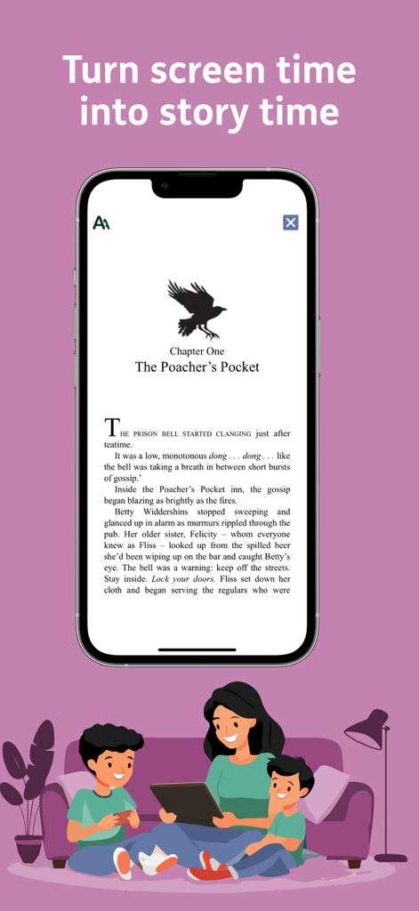 Little Reads: Reading App - A smartphone showing an ebook screen above an illustration of a mother and two children reading on a sofa