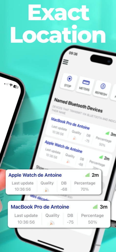 Device Detector : Find devices - Interface of the Device Detector app showing the distance in meters to find a lost Apple Watch and MacBook Pro