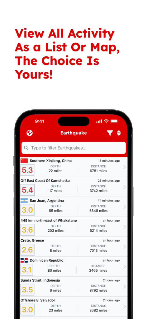 Uma lista de terremotos globais recentes mostrada no aplicativo Earthquake Quake Tracker com detalhes de magnitude e profundidade