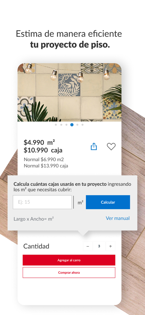 Sodimac: Casa y Construcción - Tela do aplicativo Sodimac com um estimador de projeto de piso e detalhes do produto para azulejos.