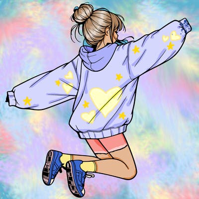 realistic girl jumping with a bun and oversized sweatshirt