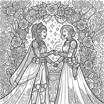 Celebrate an unconventional love story with this captivating coloring page featuring two formidable bounty hunters on their wedding day. Adorned in elaborate gowns and tactical gear, they exchange vows under a stunning archway, inviting you to bring their unique romance to life with your colors.