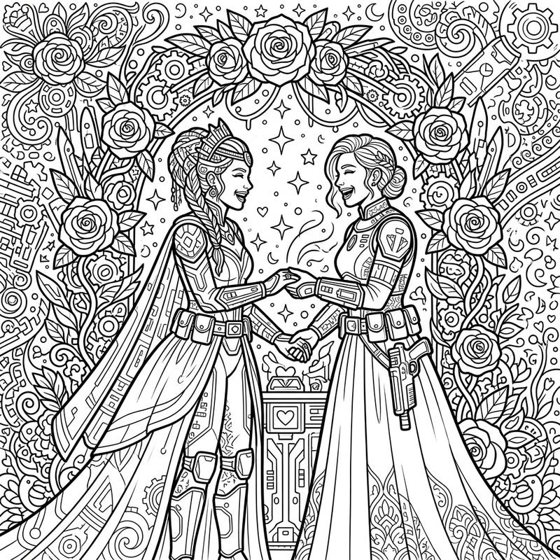 Celebrate an unconventional love story with this captivating coloring page featuring two formidable bounty hunters on their wedding day. Adorned in elaborate gowns and tactical gear, they exchange vows under a stunning archway, inviting you to bring their unique romance to life with your colors.