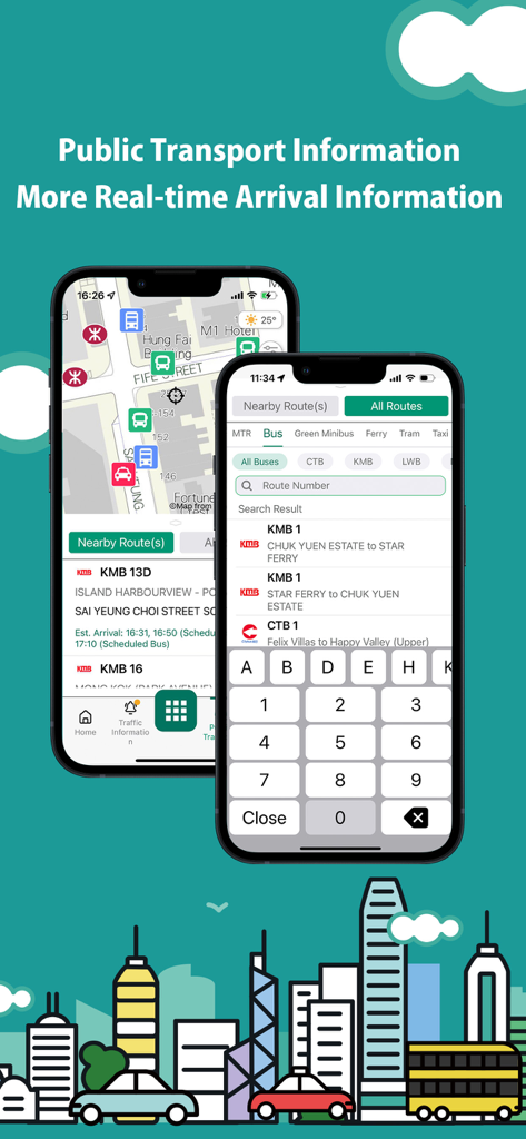 HKeMobility - HKeMobility app screens displaying real-time bus arrival information and route search interface in Hong Kong