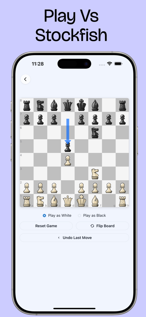 Stockfish Chess Analysis - Smartphone display showing the Play Vs Stockfish gameplay screen with move suggestions.