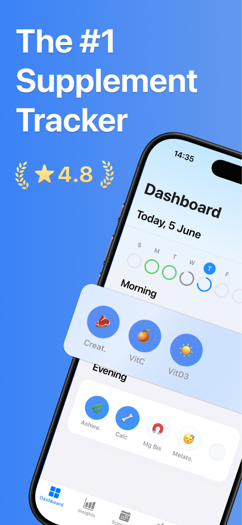 Dashboard of Supplements AI app showing morning and evening vitamin stacks with daily schedule tracking