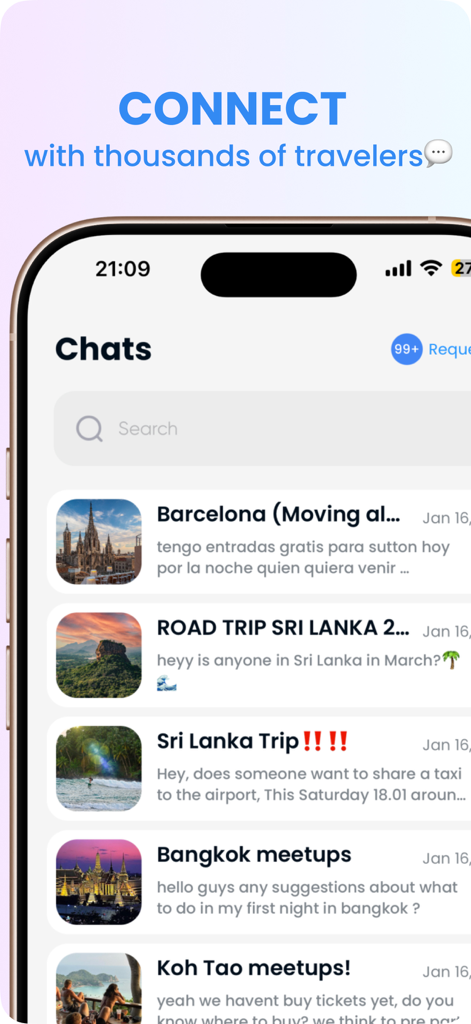 Going Solo: Travel Friends - Going Solo mobile app interface showing group chats for solo travelers in Barcelona, Sri Lanka, and Bangkok.
