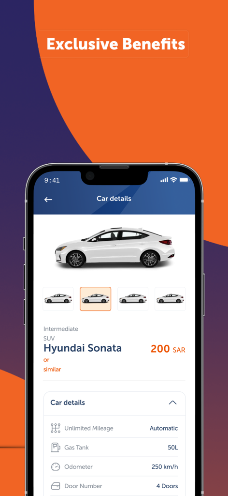 Budget Saudi Car Rental - Mobile app screen showing car rental details for a Hyundai Sonata with pricing and specifications