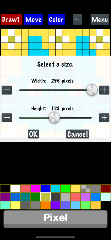 Pixel Art Maker - Interface do aplicativo Pixel Art Maker mostrando controles deslizantes para selecionar as dimensões de largura e altura para uma nova tela de arte de pixel