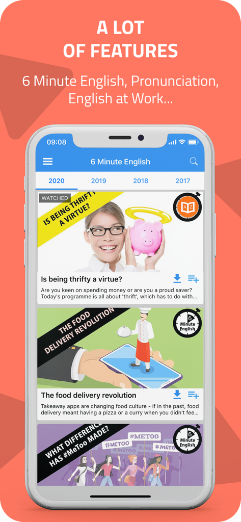 Interface of Learn English by Conversation app showing a list of 6 Minute English lessons