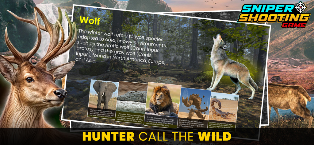 Hunting Sniper - Animal Hunter - A promotional image for Hunting Sniper featuring a wolf, a deer, and thumbnails of a lion, elephant, and scorpion in various wild environments.