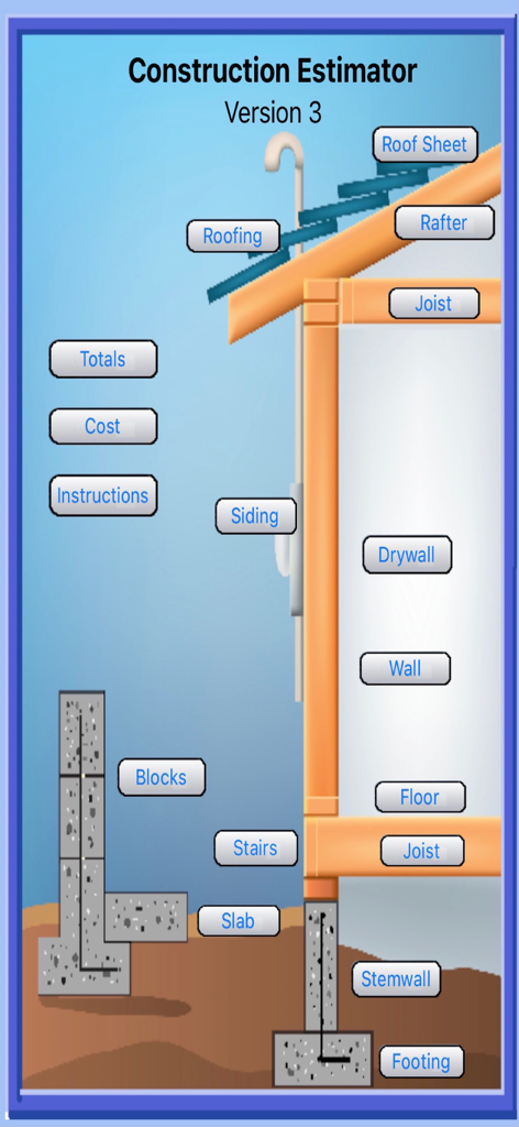 Menu principal do aplicativo Estimador de Construção mostrando um diagrama de casa com rótulos interativos para componentes de construção como telhado, revestimento e fundação