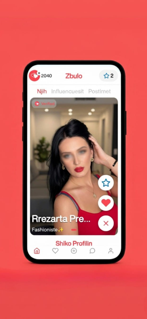 Dashuroj Albanian dating app interface showing a verified user profile with like and pass options.