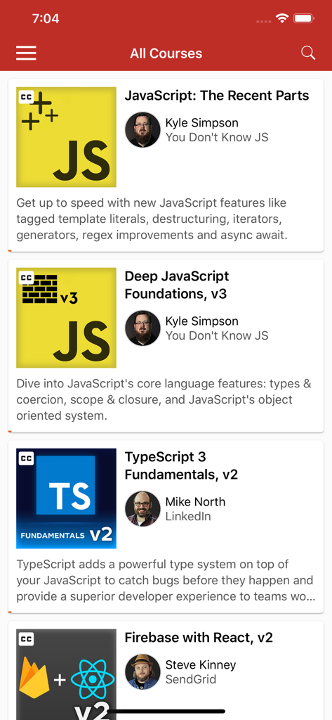 Frontend Masters - Un catálogo de cursos profesionales de desarrollo web que incluyen JavaScript y TypeScript en la aplicación Frontend Masters
