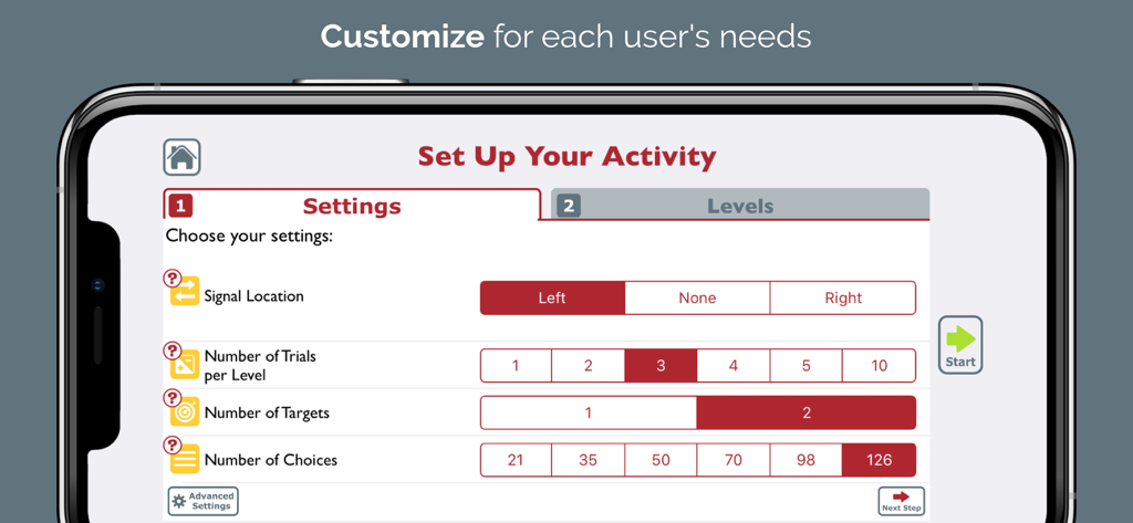 Activity setup screen in Visual Attention Therapy app showing customizable settings for signal location, trials, targets, and choices.