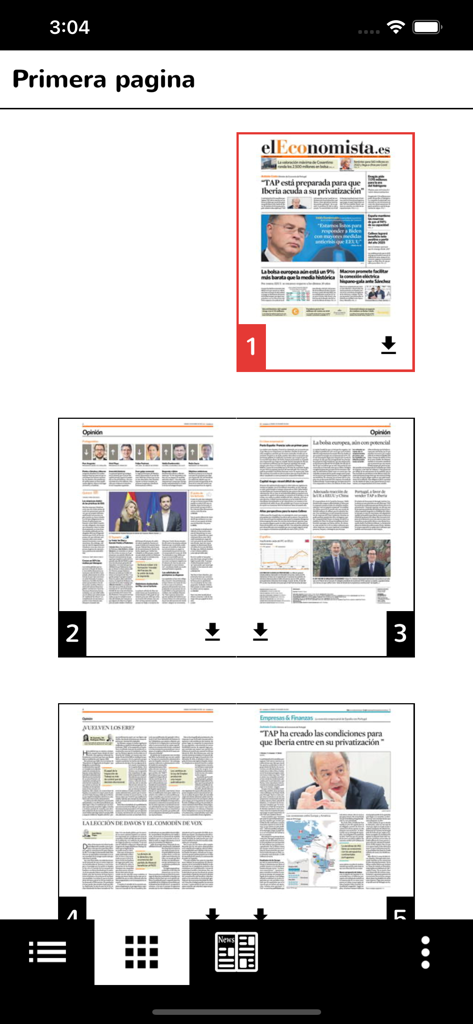 Interfaz de selección de páginas del periódico digital en la aplicación Kiosco elEconomista