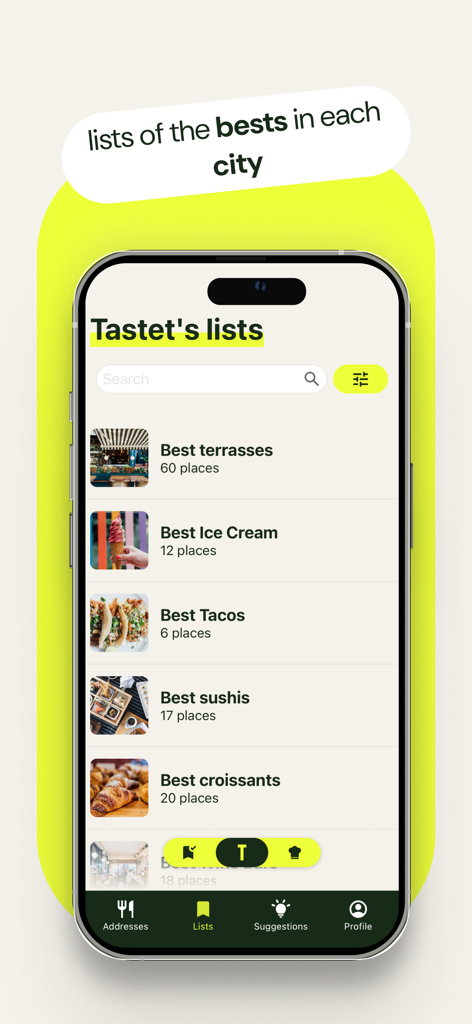Mobile App-Bildschirm, der kuratierte Restaurantlisten für die besten Terrassen, Eiscreme und Tacos zeigt